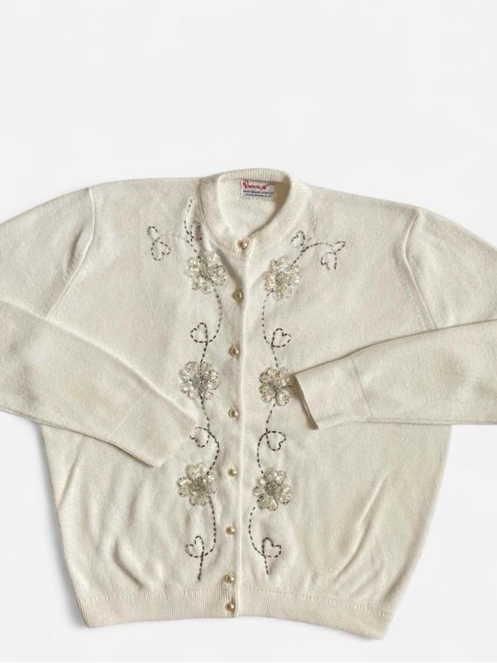 Vintage 60s beaded white floral cardigan